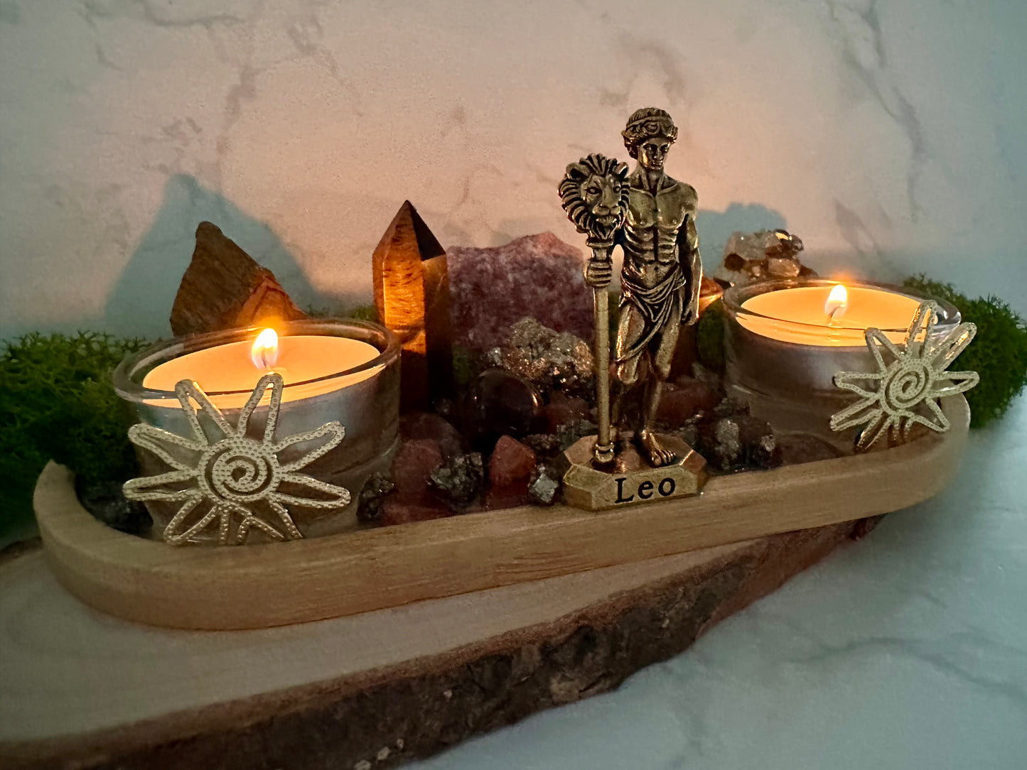 Leo Zodiac Crystal Tray • Tiger Eye, Sunstone & Pyrite • Handmade Leo Altar