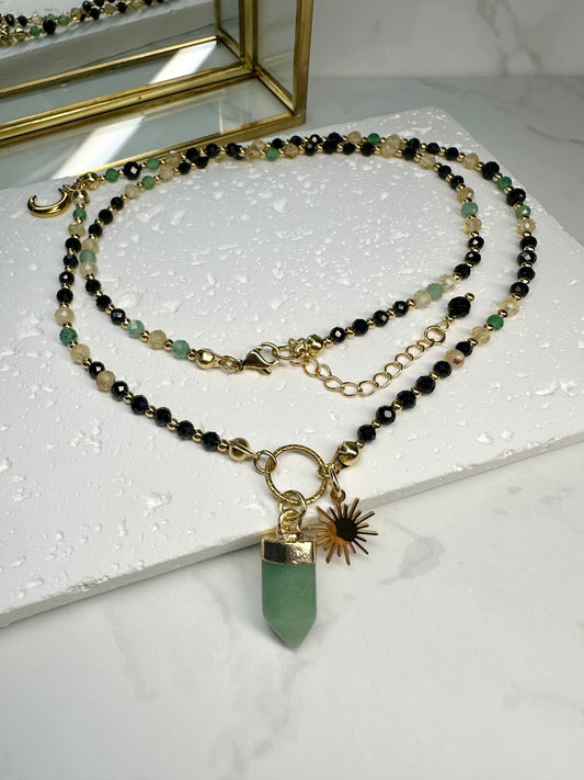 Green Aventurine Black Tourmaline Citrine Necklace • Ponity Crystal Pendant