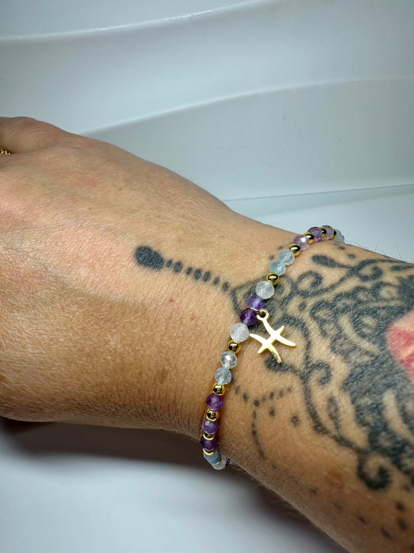 Pisces  Zodiac Bracelet,Handmade beaded Aquamarine ,Moonstone , Amethyst , Pisces Gift