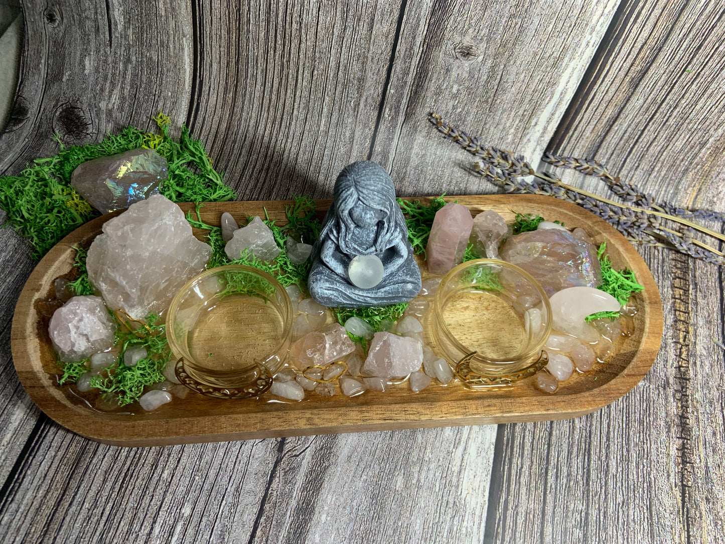 Goddess Love & Self‑Love Crystal Candle Holder | Rose Quartz - Aura Quartz Altar Tray | Divine Feminine Ritual Decor, Spiritual Gift Display
