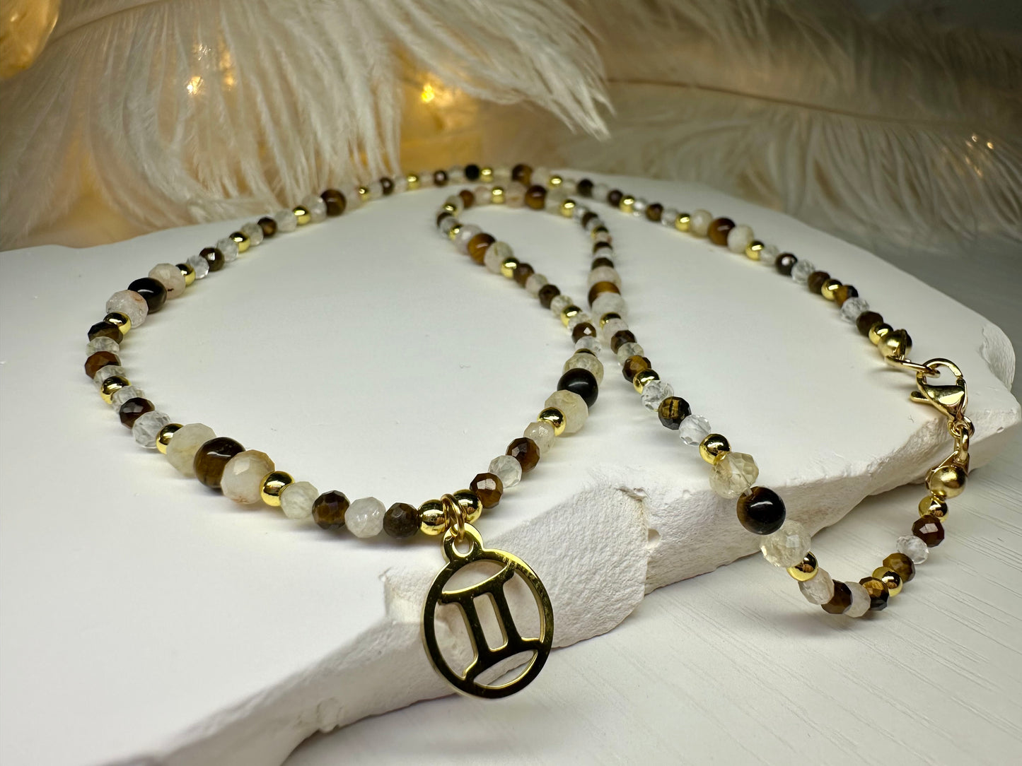 Handmade Gemini Zodiac Necklace – Tiger Eye, Citrine & Clear Quartz