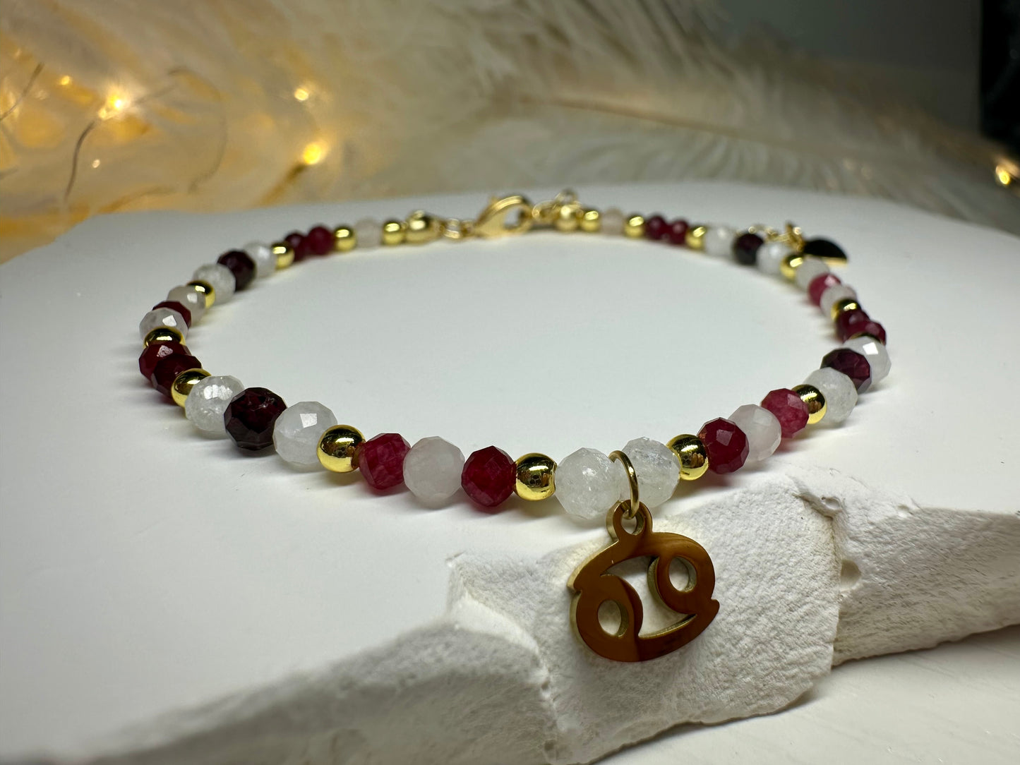 Handmade Cancer Zodiac Bracelet – Ruby, Rose Quartz & Moonstone Beaded Crystal Jewelry Astrology Birthday Gift