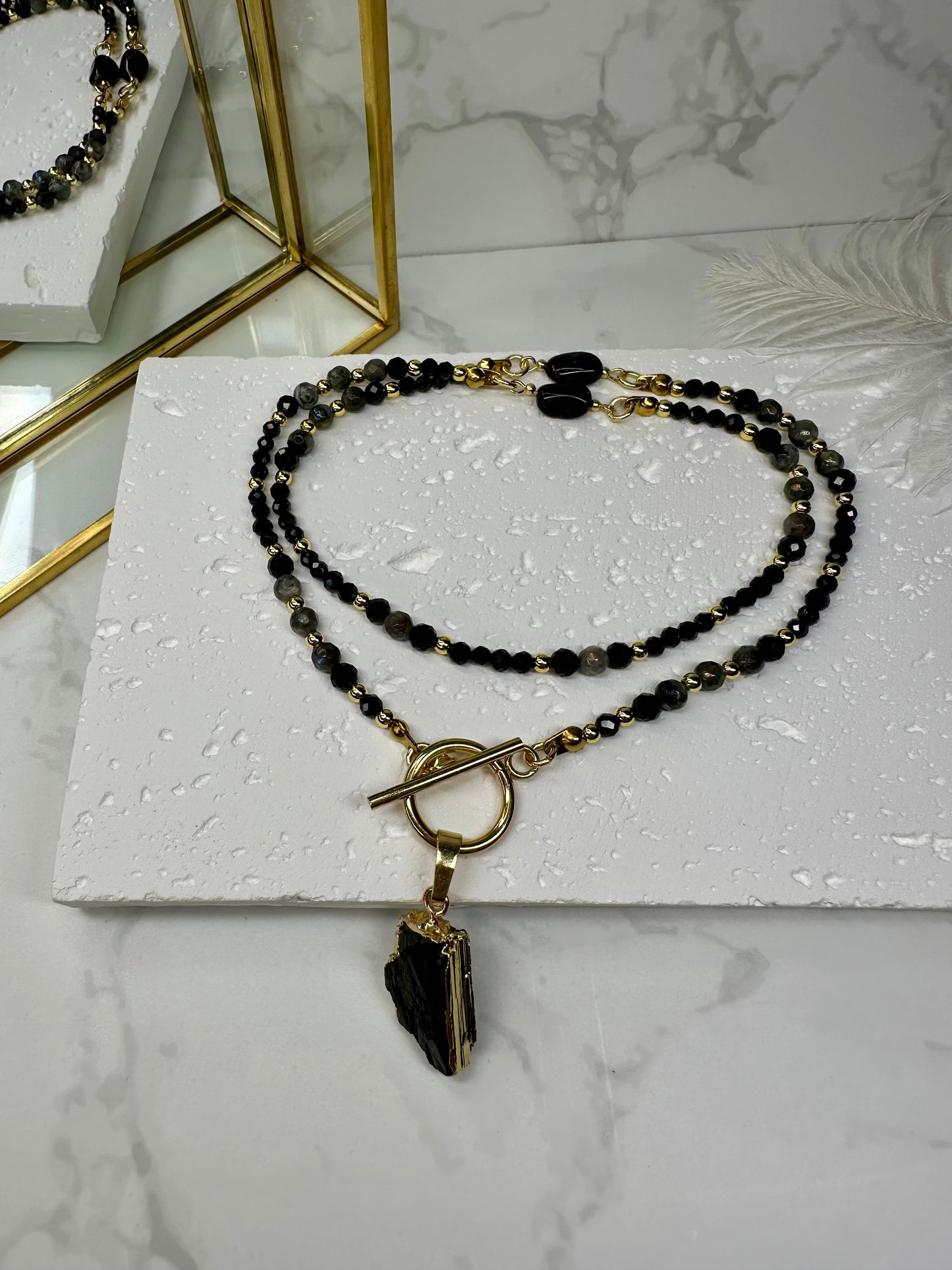 Black Tourmaline Pendant Necklace – Labradorite Beads & Gold Toggle Clasp –