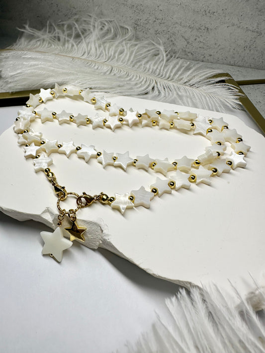 Freshwater Shell Stars Necklace – Celestial White & Gold Charm