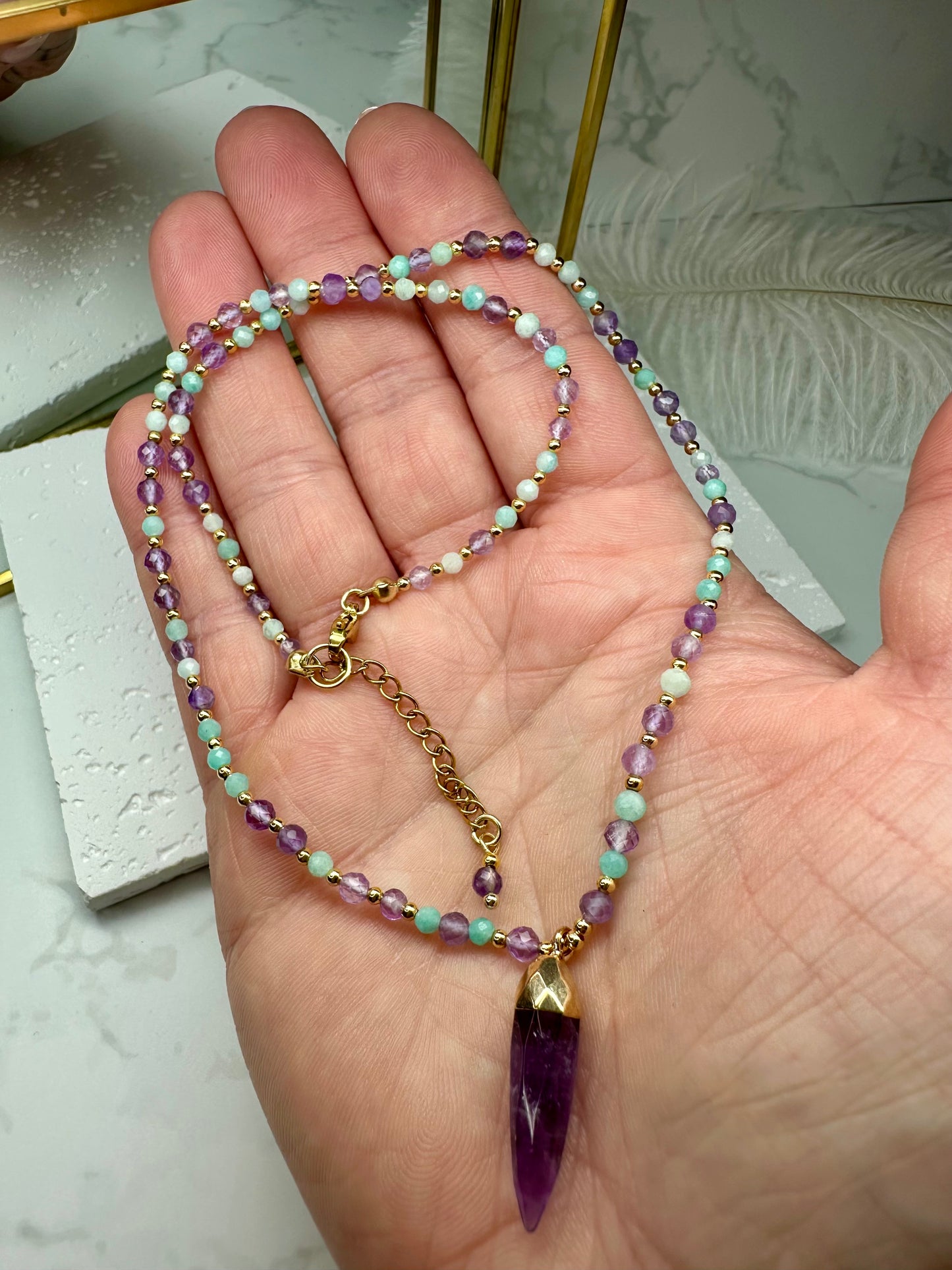 Amazonite & Amethyst Crystal Necklace, grounding and uplifting.