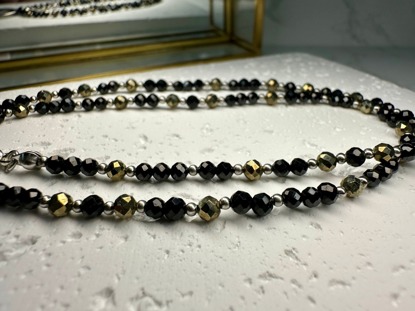 Black Tourmaline & Pyrite Dainty Necklace•Moon Pendant – Protection • Confidence • Grounding
