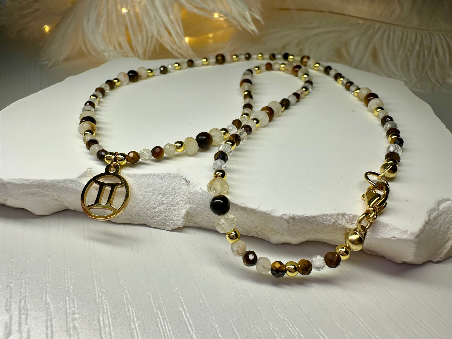 Handmade Gemini Zodiac Necklace – Tiger Eye, Citrine & Clear Quartz