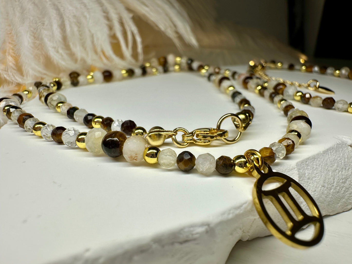 Gemini Zodiac Jewelry Set – Handmade Tiger Eye, Citrine & Clear Quartz Necklace and Bracelet Astrology Gift
