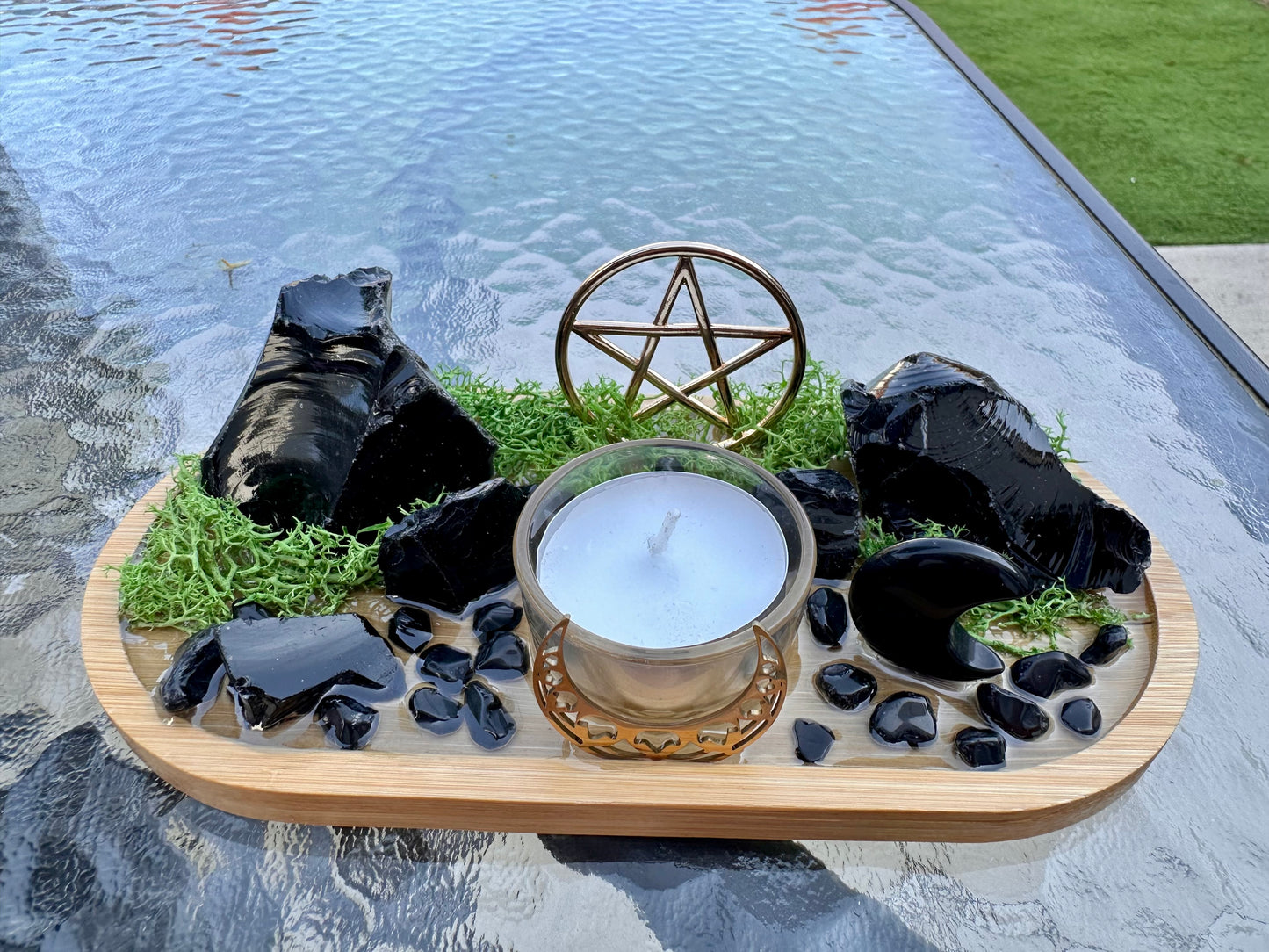 Black Obsidian Protection Tray | Witchcraft Altar Decor Spiritual Home Decor Display