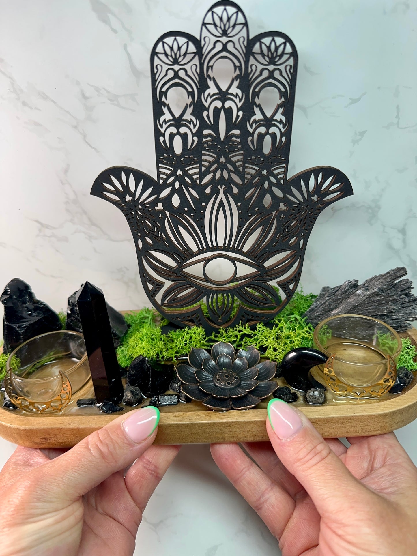 Black Tourmaline, Obsidian Protection Tray | Hamsa Hand Evil Eye Decor | Resin Altar Tray with Incense Holder | Ritual Decor, Spiritual Gift