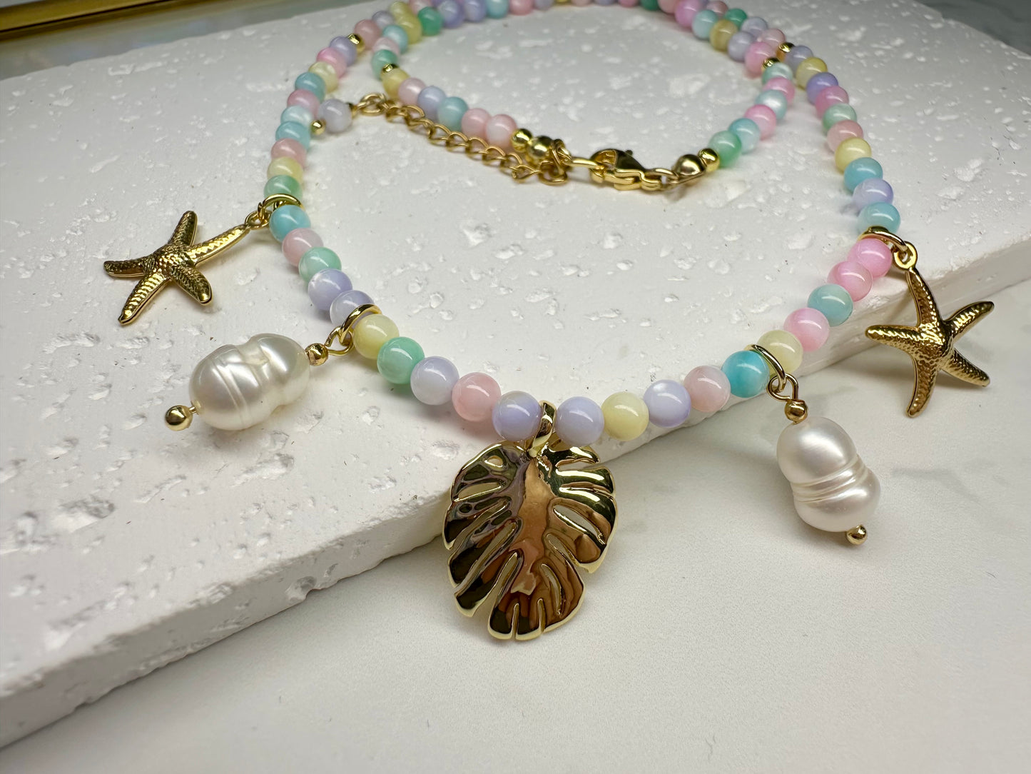 Shell Bead Necklace with Multicolour Pastel Beads, Freshwater Pearl, Starfish & Leaf Charms