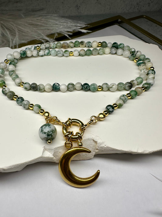 Tree Agate Beaded Necklace with Gold Crescent Moon Pendant