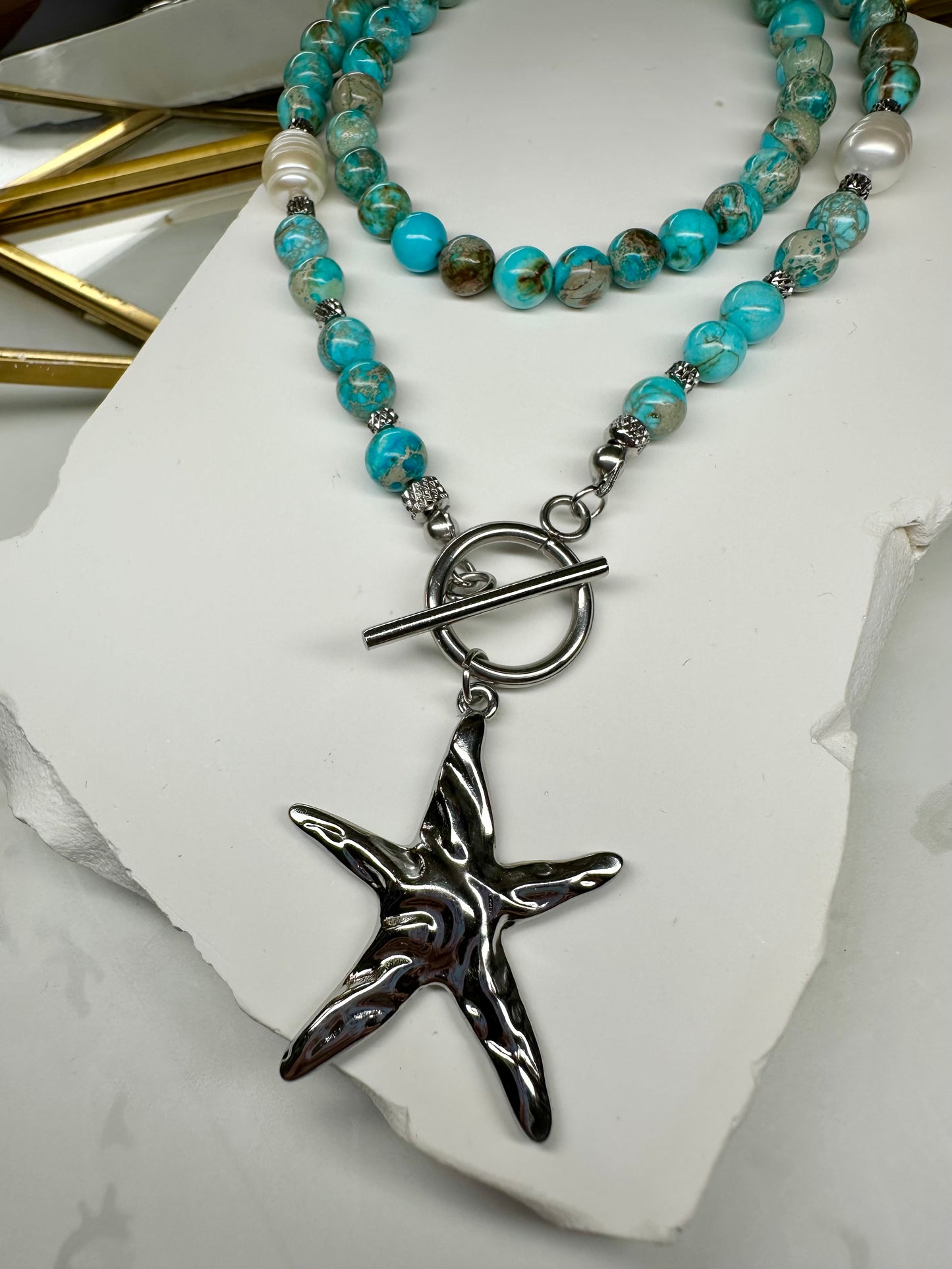 Turquoise-Blue Imperial Jasper Necklace with Baroque Pearls & Large Starfish Pendant – Gold or Silver Toggle T-Bar Handmade Ocean Jewelry