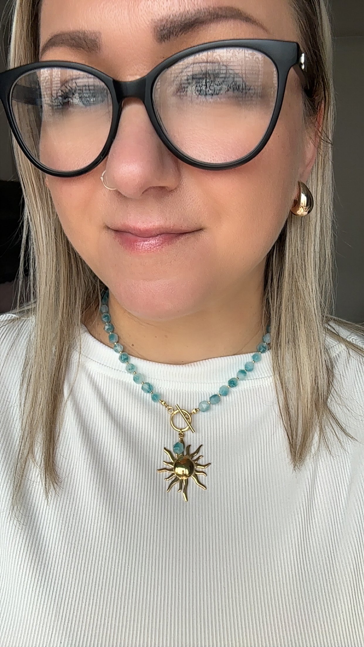 Handmade Beaded Aqua Jade Necklace with Sun Pendant