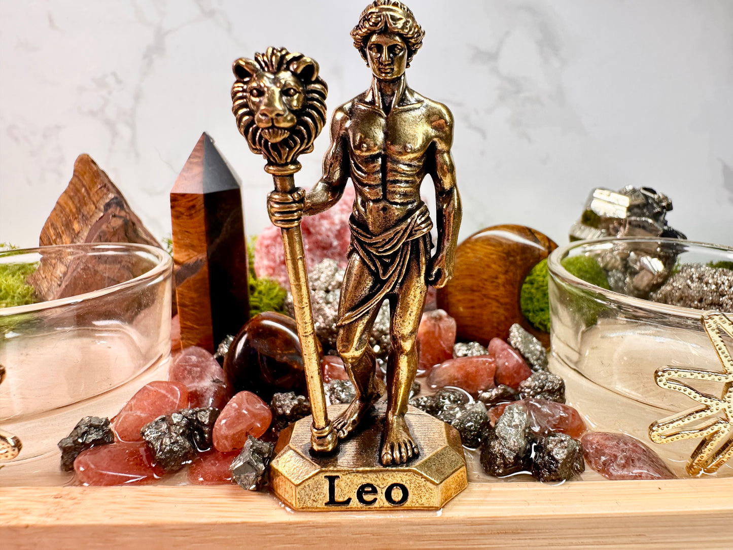 Leo Zodiac Crystal Tray • Tiger Eye, Sunstone & Pyrite • Handmade Leo Altar