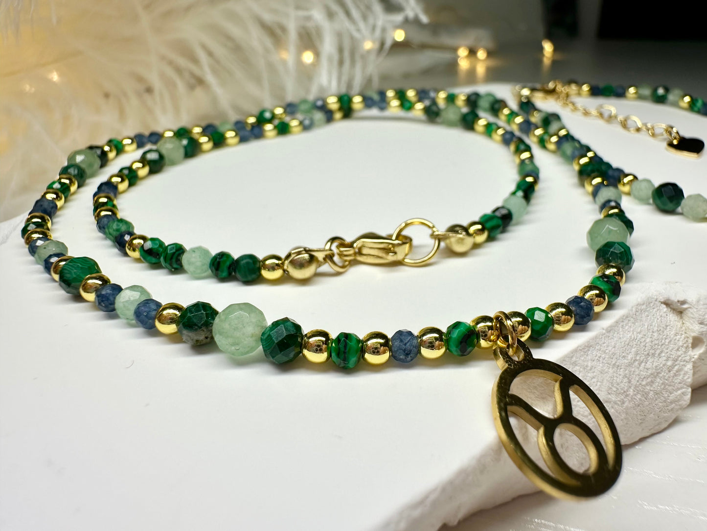 Taurus Zodiac Jewelry Set – Handmade Malachite, Green Aventurine & Sapphire Necklace & Bracelet