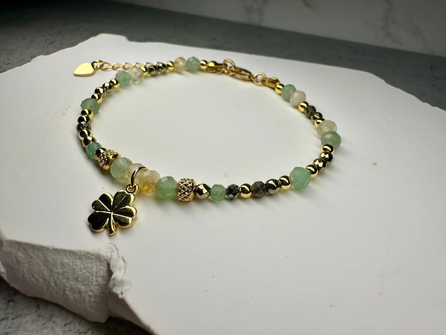Money Attraction Bracelet – Pyrite, Citrine & Green Aventurine with Clover Pendant for Wealth, Luck & Prosperity