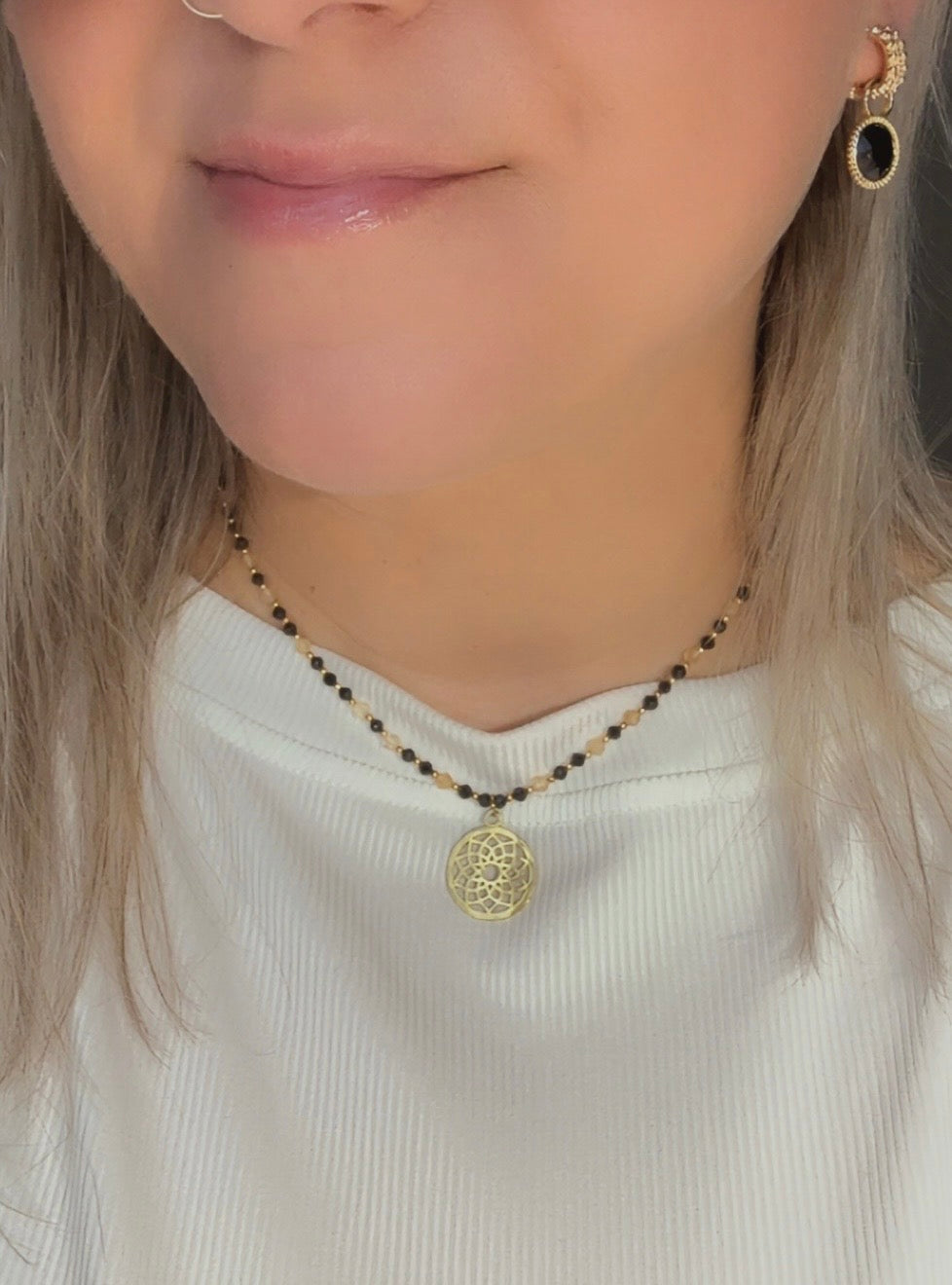 Dainty Black Tourmaline  Citrine Necklace • Mandala Pendant • Protection & Abundance
