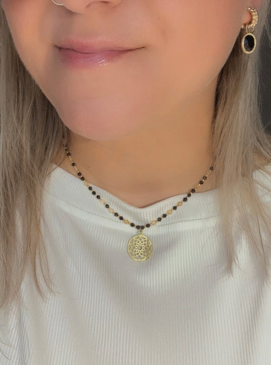 Dainty Black Tourmaline  Citrine Necklace • Mandala Pendant • Protection & Abundance