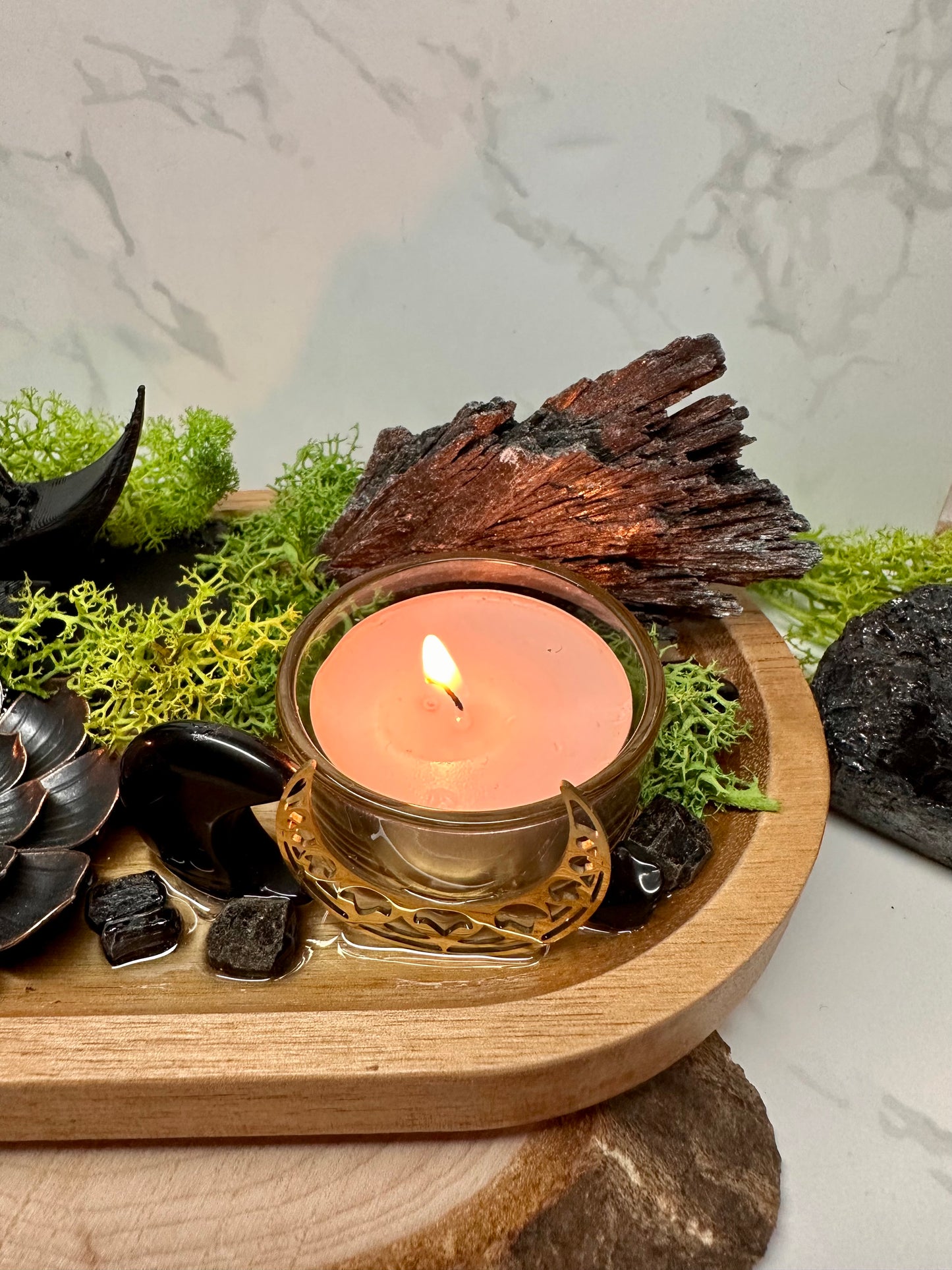 Black Tourmaline & Obsidian Moon Cat Altar | Incense Holder | Housewarming Gift |Witchcraft Decor | Protection Crystal Tray| Resin Altar