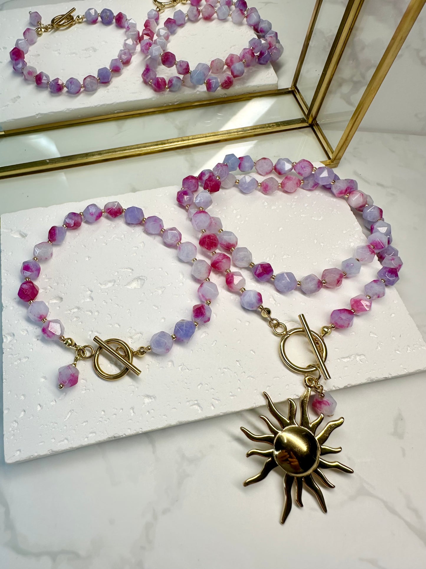 Two‑Tone Purple Pink Jade Bracelet • 8mm•Toggle Clasp
