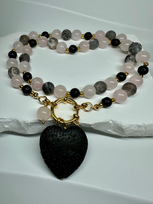 Grounded Love Crystal Necklace – Rose Quartz, Black Lava & Pink Zebra Jasper | Handmade Spiritual Jewellery for Balance & Healing