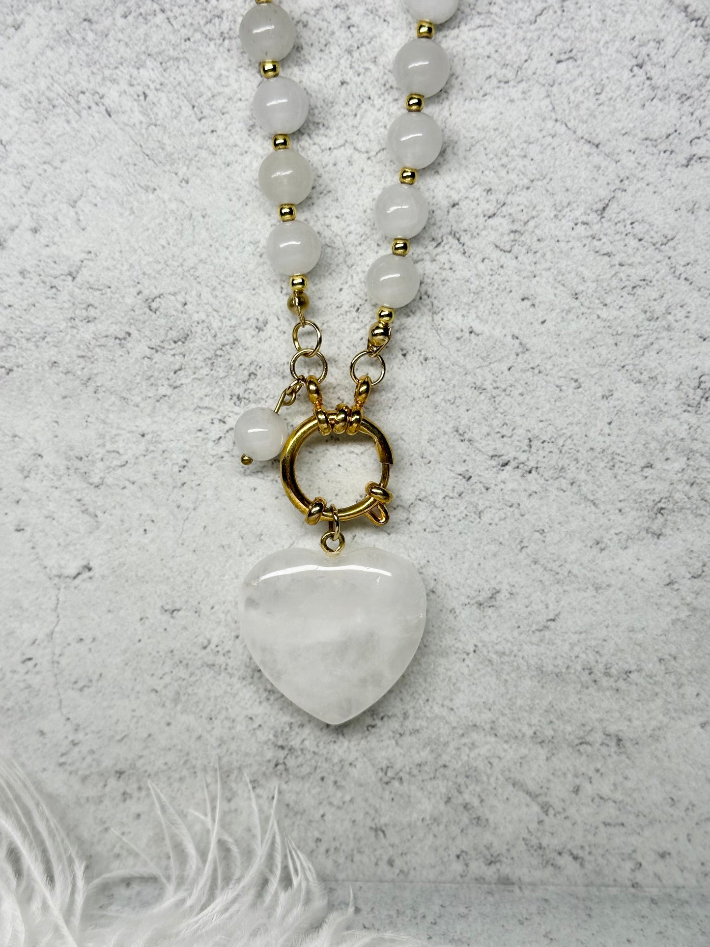 Clear Quartz Heart Necklace – 8mm Beads, Gold Clasp, Handmade Crystal Jewelry