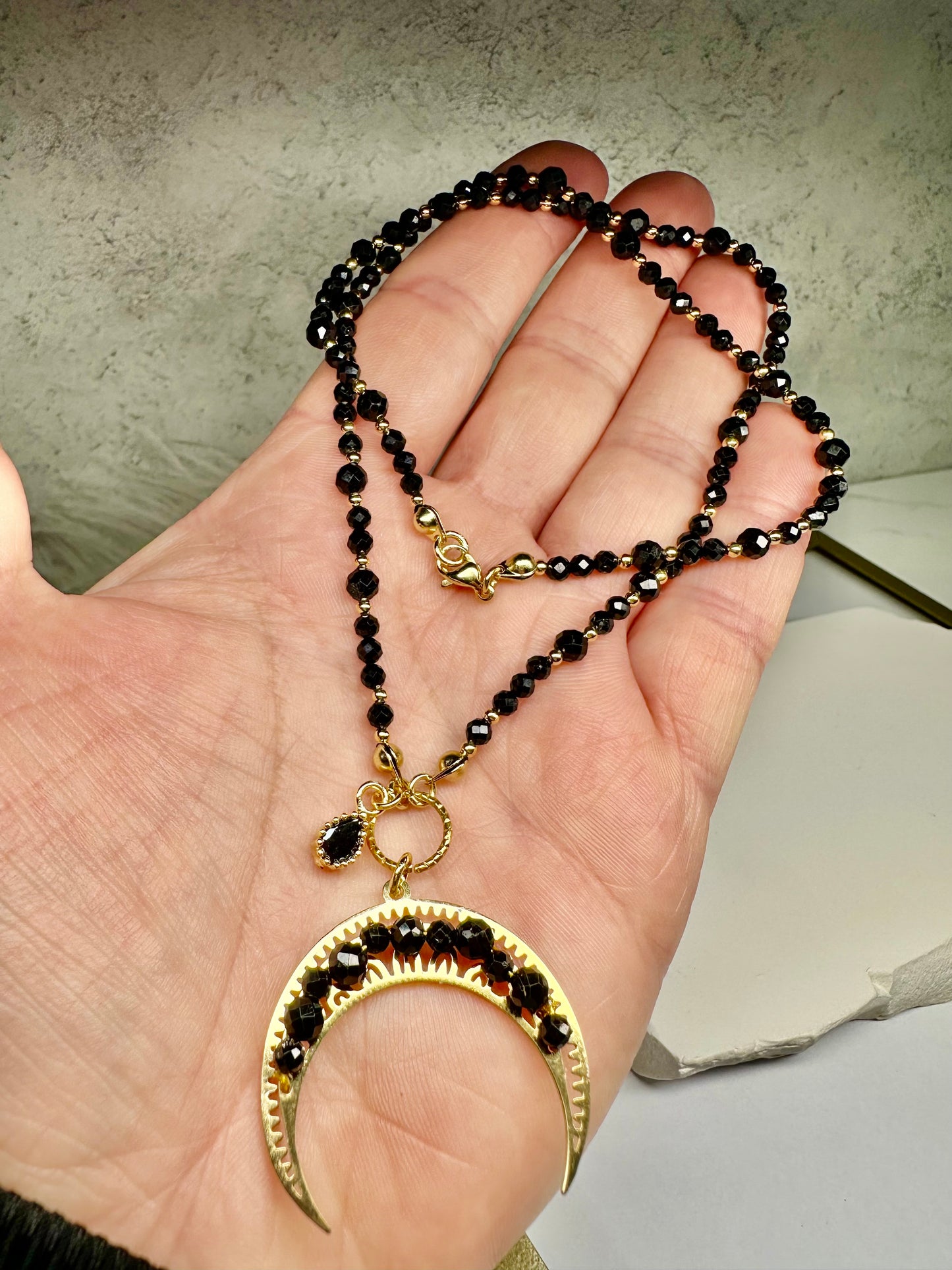 Black Tourmaline Crescent Moon Necklace – Protection & Power