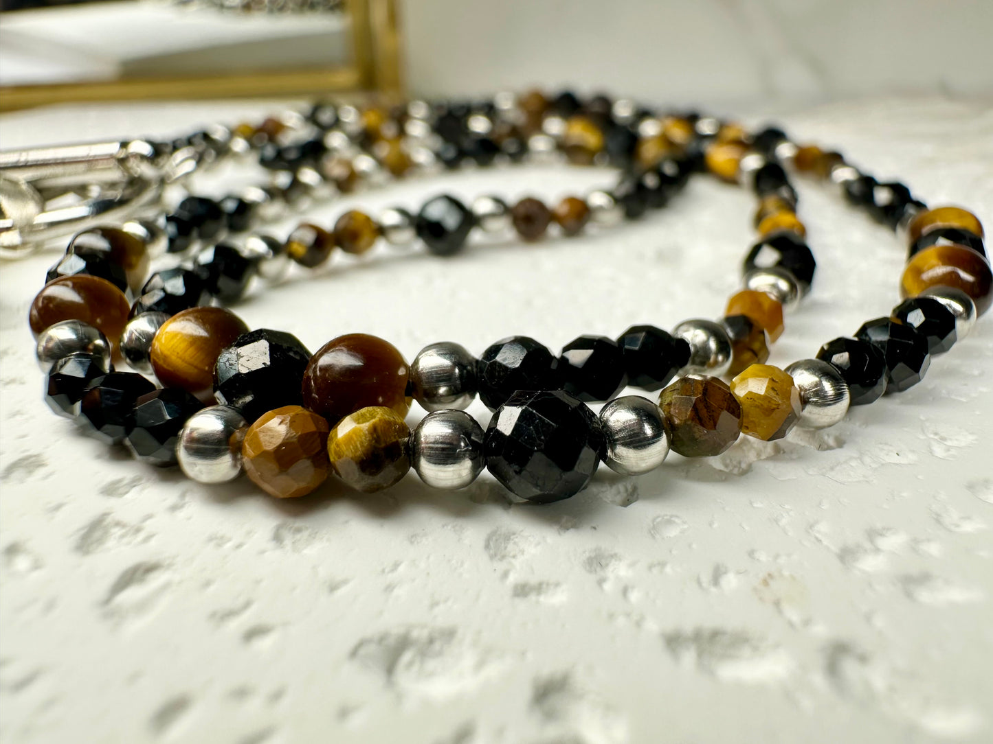 Black Tourmaline & Tiger’s Eye Necklace – Raw Crystal Pendant, Grounding & Protection
