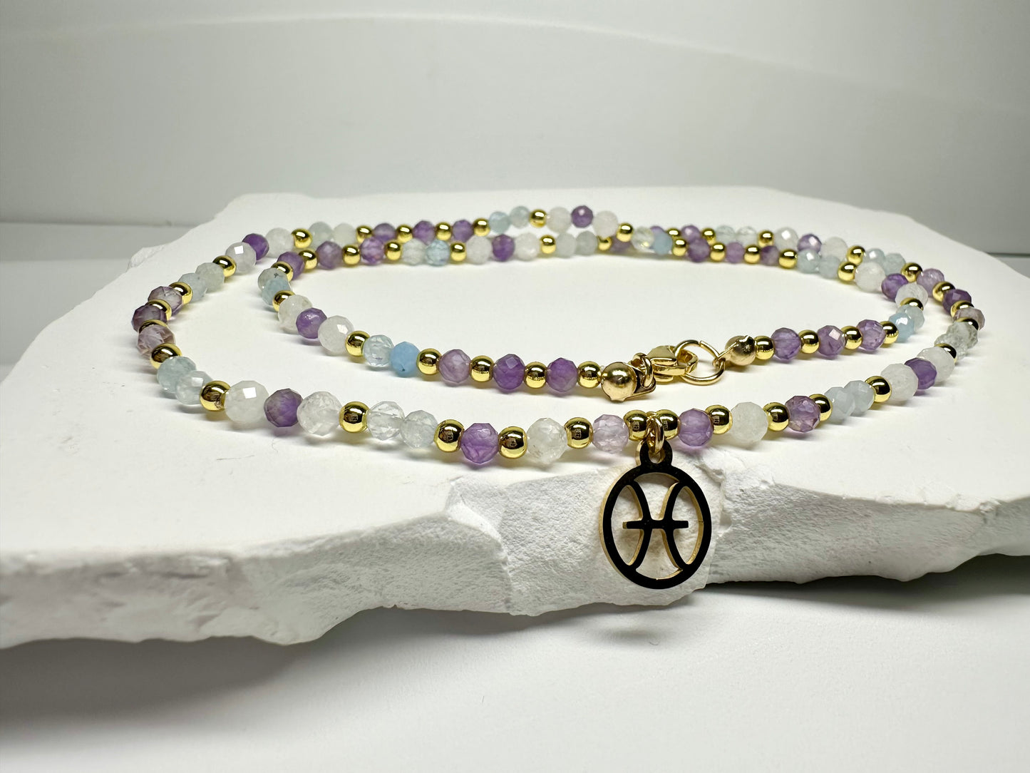 Pisces Crystal Jewellery Set – Handmade Beaded Aquamarine, Moonstone & Amethyst Necklace + Bracelet for Intuition & Calm