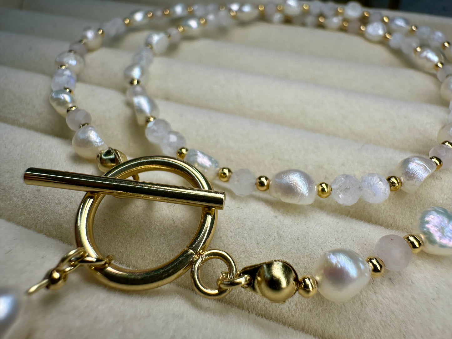 Freshwater Pearl• Moonstone • Rose Quartz Necklace • Baroque Pearl  Toggle Clasp