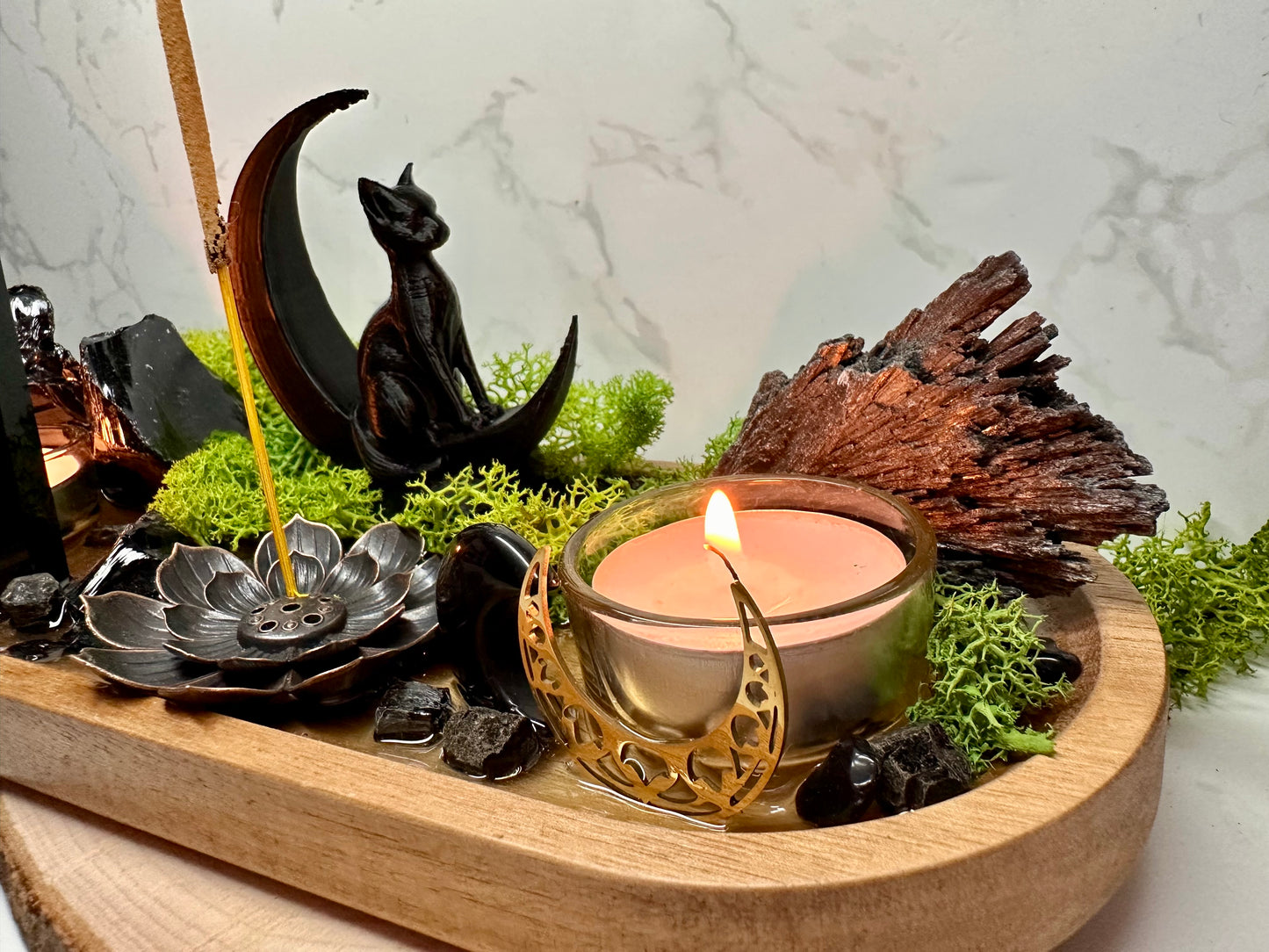 Black Tourmaline & Obsidian Moon Cat Altar | Incense Holder | Housewarming Gift |Witchcraft Decor | Protection Crystal Tray| Resin Altar