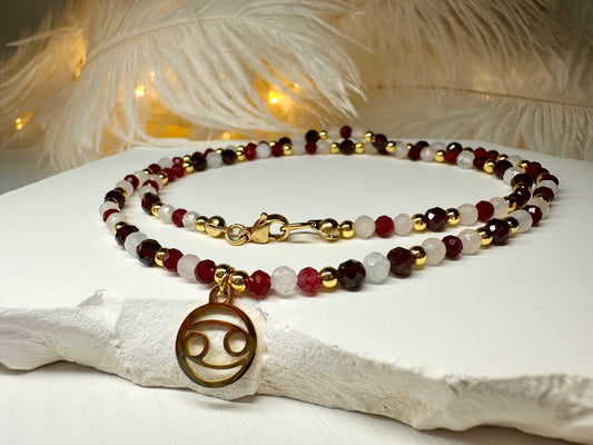 Handmade Cancer Zodiac Necklace – Ruby, Rose Quartz & Moonstone, Astrology Birthday Gift