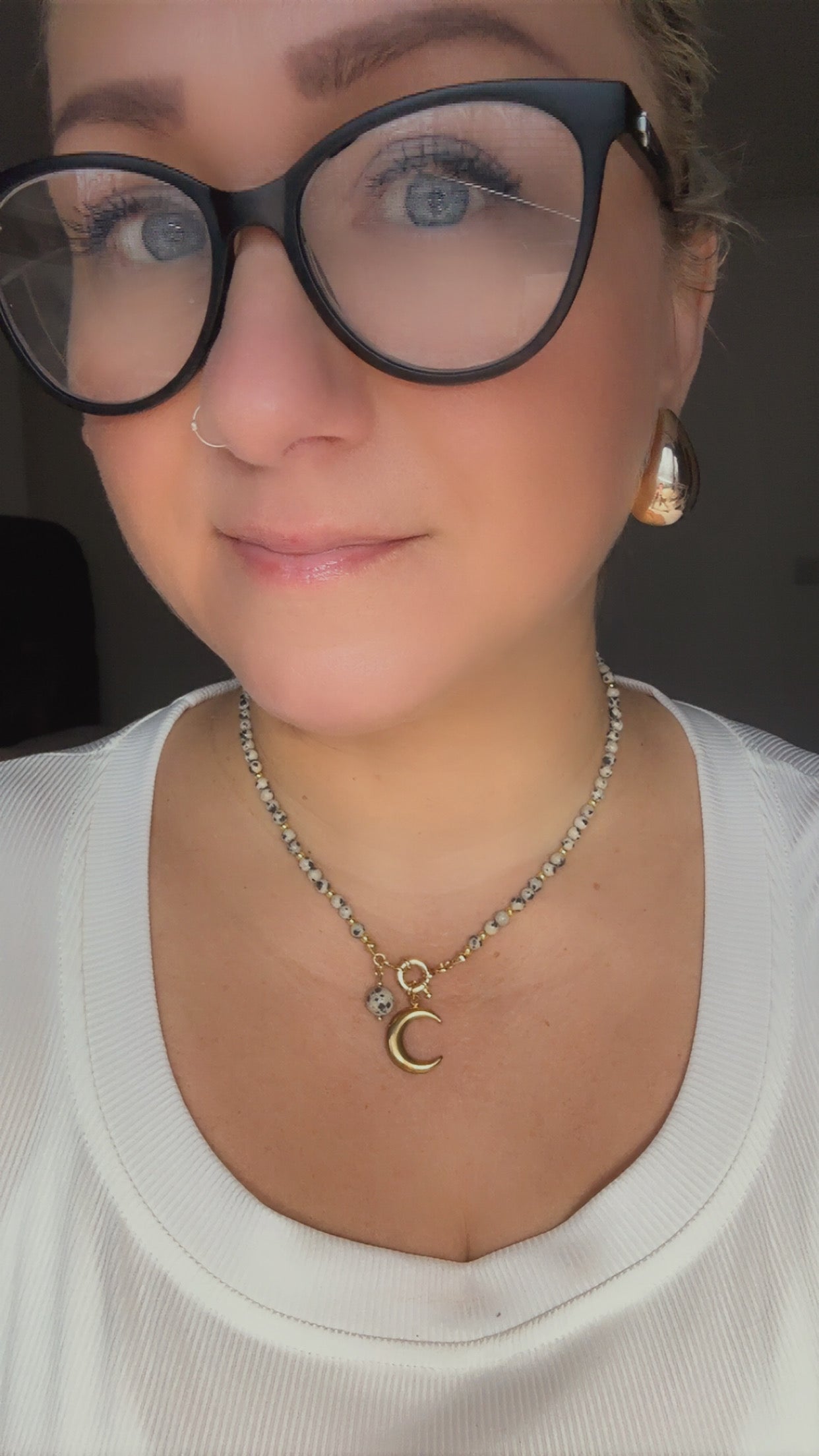 Dalmatian Jasper Beaded Necklace with Gold Crescent Moon Pendant