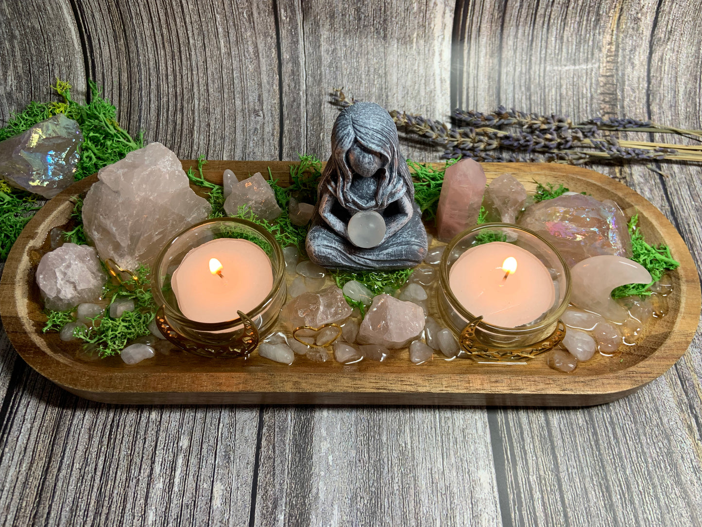 Goddess Love & Self‑Love Crystal Candle Holder | Rose Quartz - Aura Quartz Altar Tray | Divine Feminine Ritual Decor, Spiritual Gift Display
