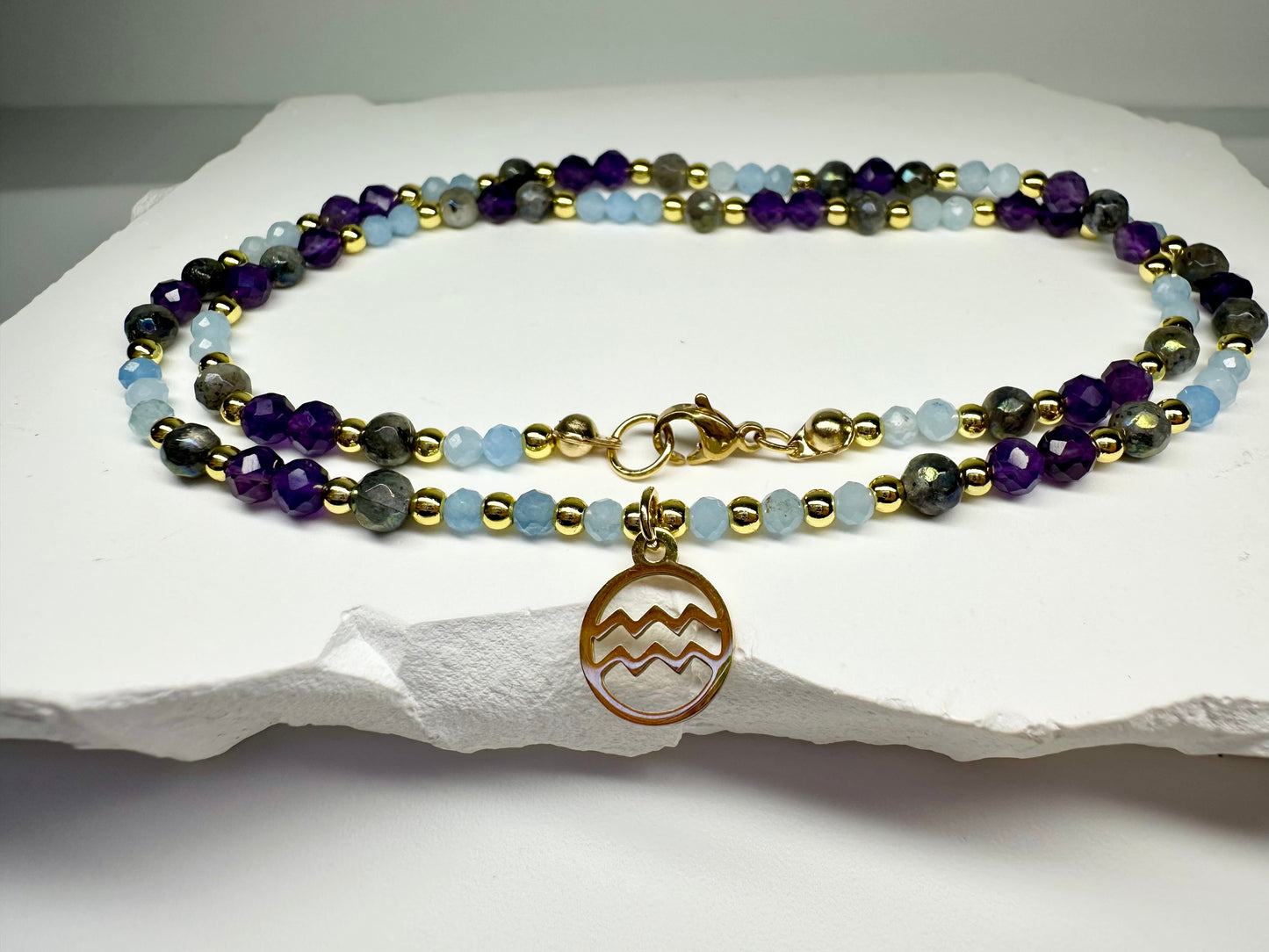 Aquarius Zodiac Jewellery Set – Aquamarine, Labradorite Amethyst| Intuition and Clarity , Birthstone  gift