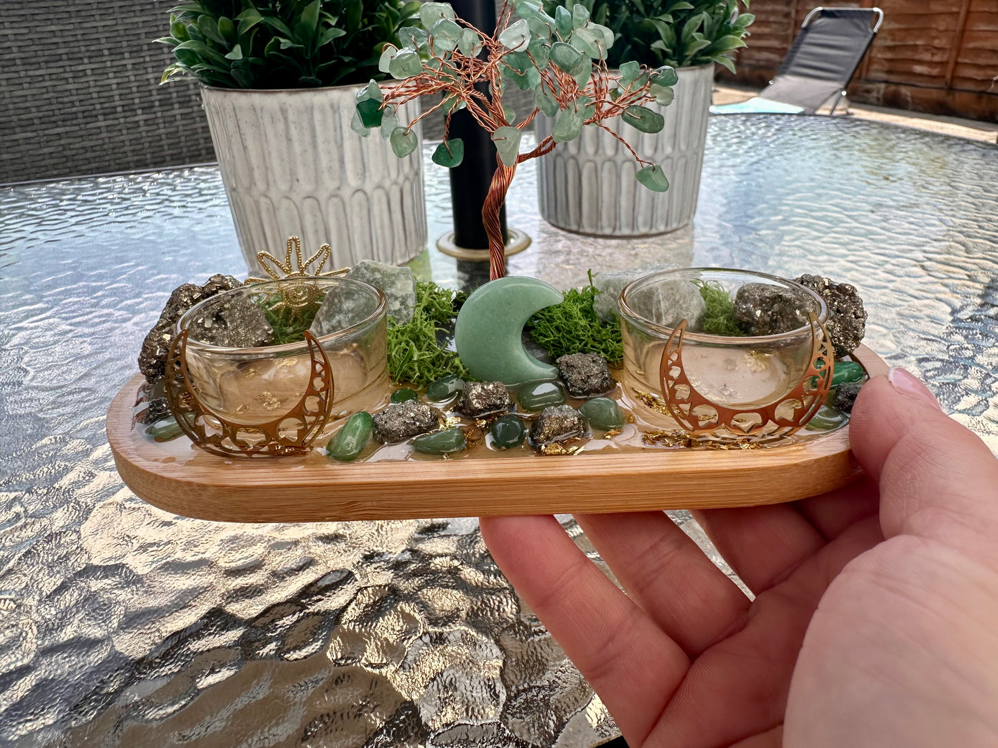 Pyrite & Green Aventurine Money Tree Tray | Prosperity Altar Decor | Wealth Manifestation Crystal Set | Abundance Ritual Gift