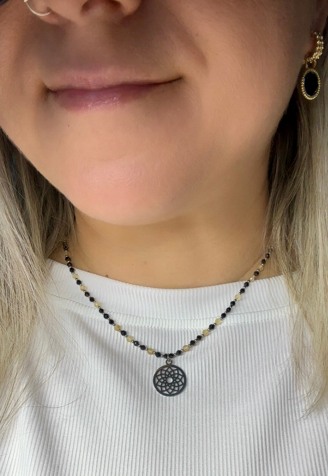 Dainty Black Tourmaline  Citrine Necklace • Mandala Pendant • Protection & Abundance
