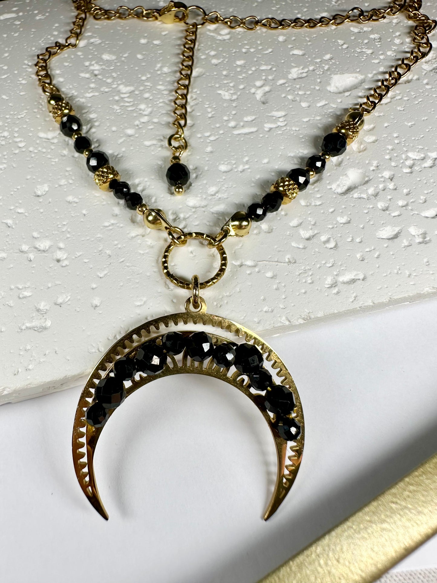 Hand‑Beaded Crescent Moon Necklace with Black Tourmaline
