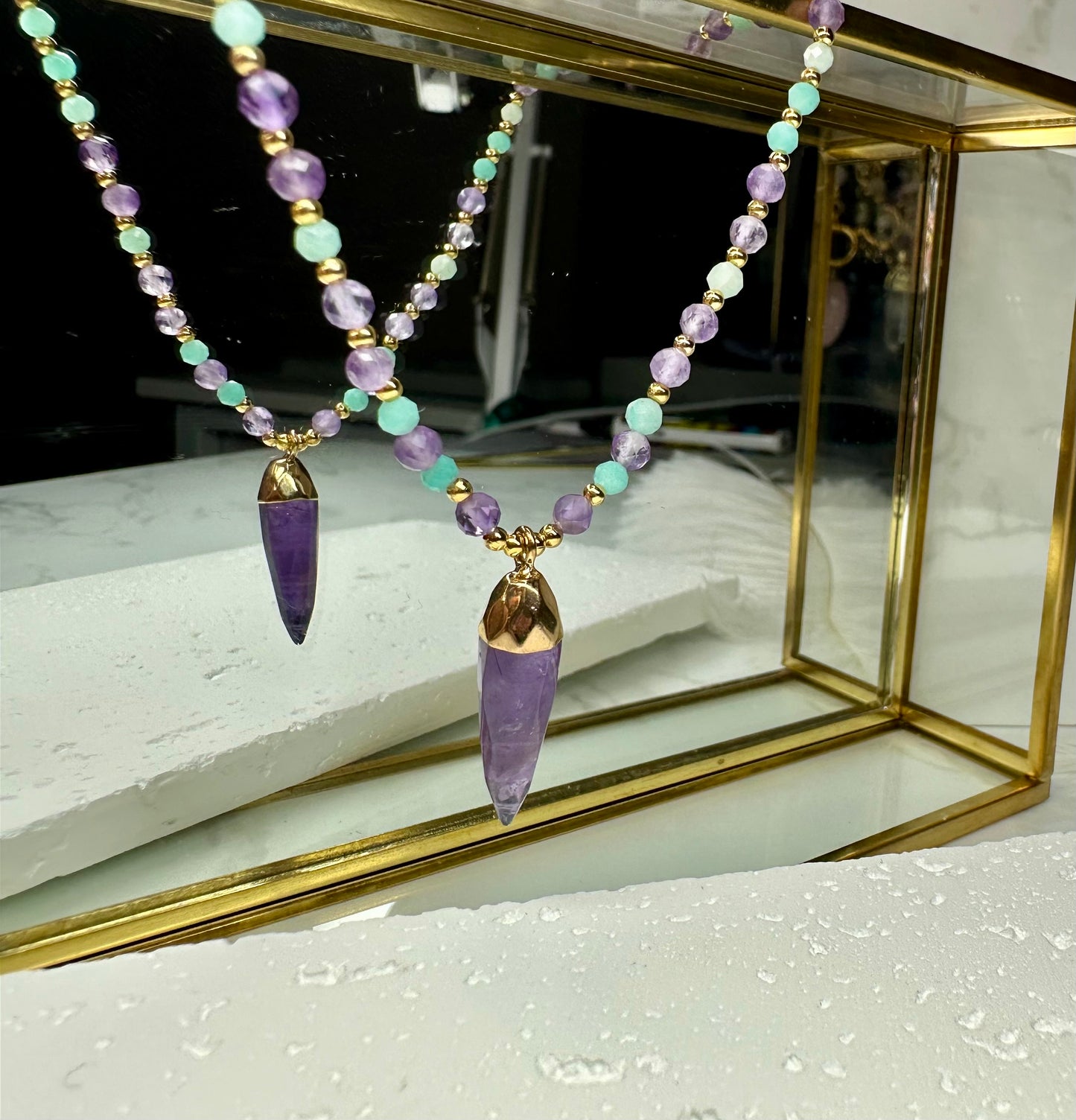 Amazonite & Amethyst Crystal Necklace, grounding and uplifting.