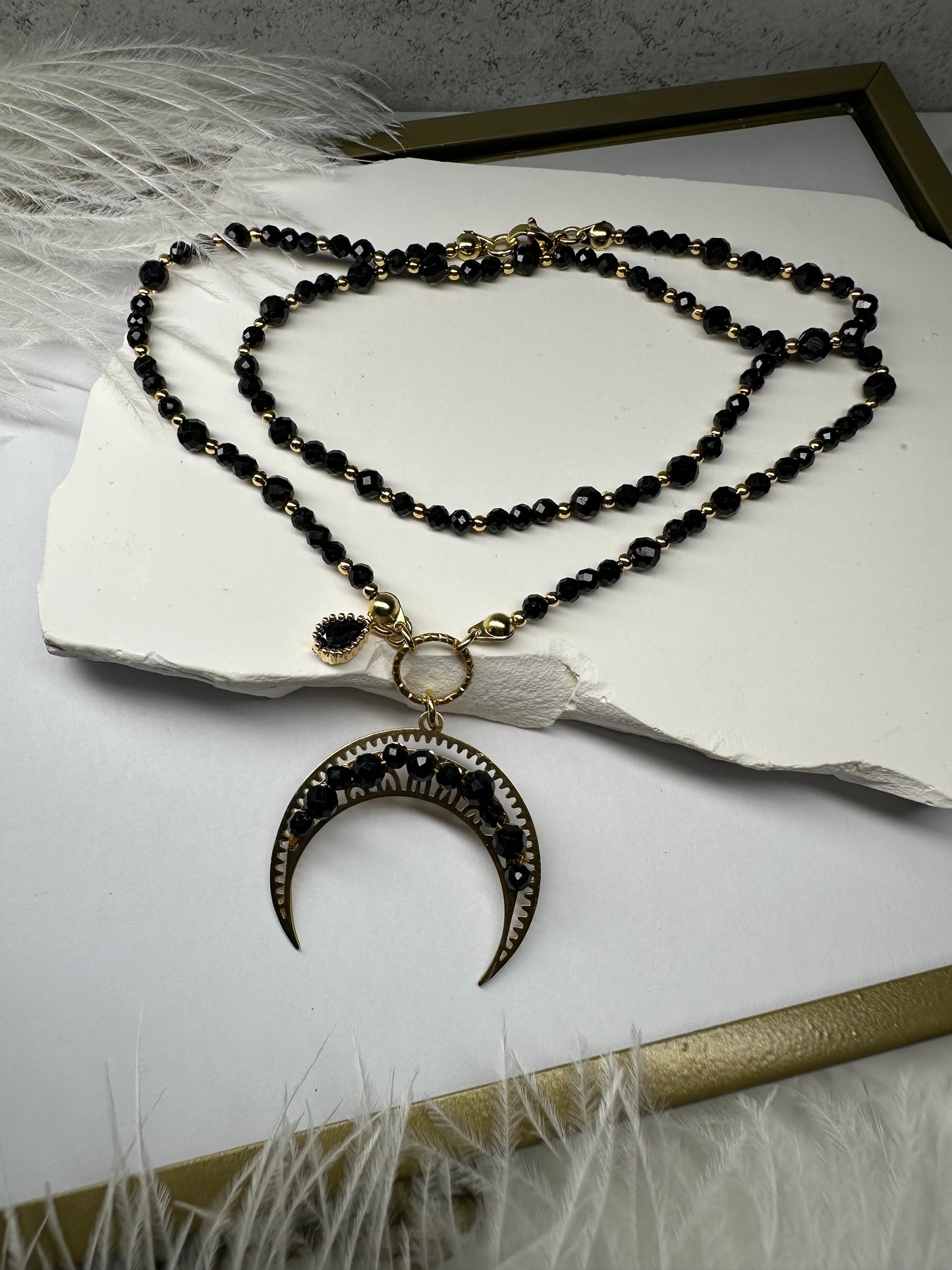 Black Tourmaline Crescent Moon Necklace – Protection & Power