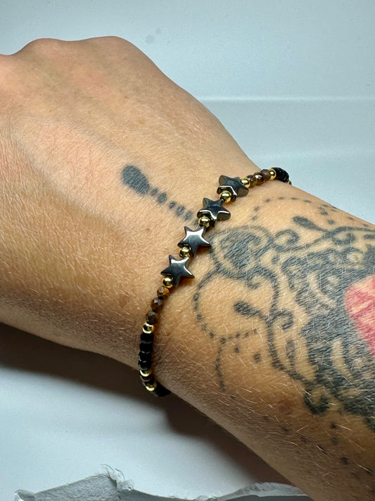 Black Tourmaline, Tiger Eye & Hematite Stars Bracelet – Handmade Protection Jewelry for Strength, Focus & Energy Shielding