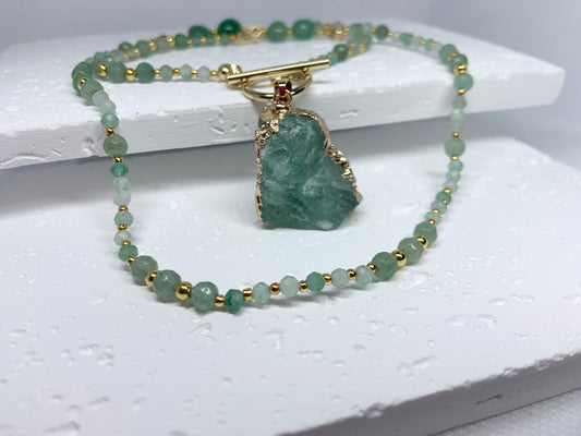 Green Aventurine Raw Pendant Necklace – Gold Toggle Clasp | Handmade Crystal Jewelry for Luck & Emotional Balance