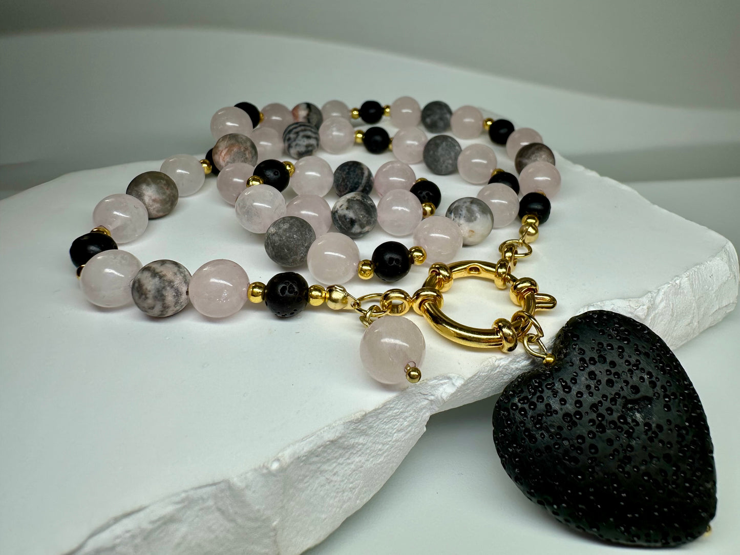 Grounded Love Crystal Necklace – Rose Quartz, Black Lava & Pink Zebra Jasper | Handmade Spiritual Jewellery for Balance & Healing
