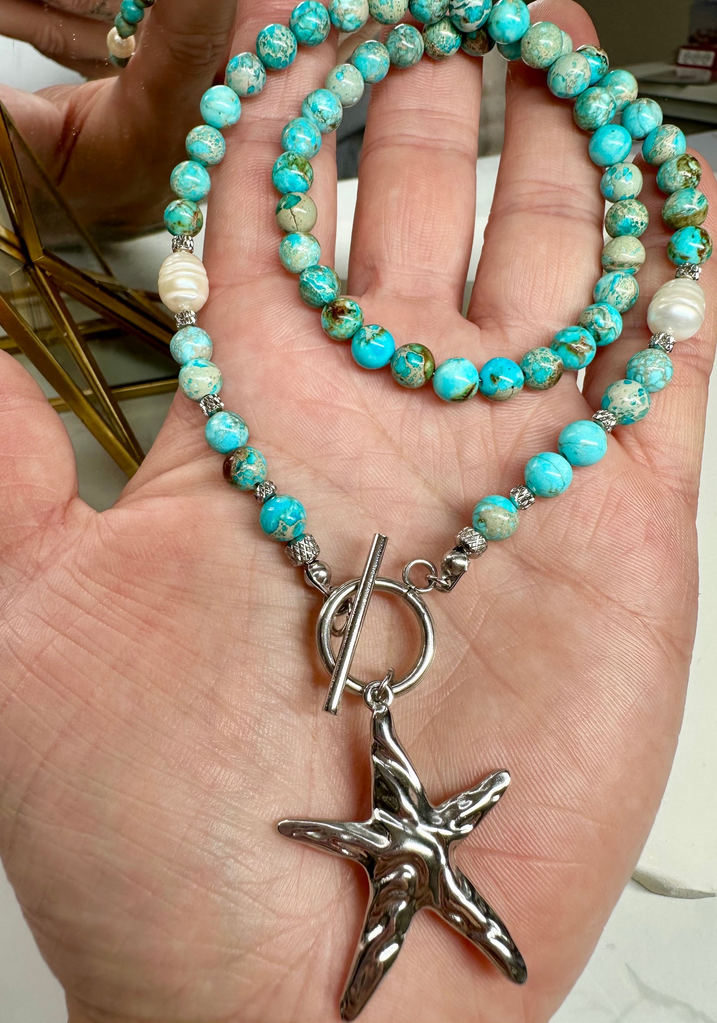 Turquoise-Blue Imperial Jasper Necklace with Baroque Pearls & Large Starfish Pendant – Gold or Silver Toggle T-Bar Handmade Ocean Jewelry