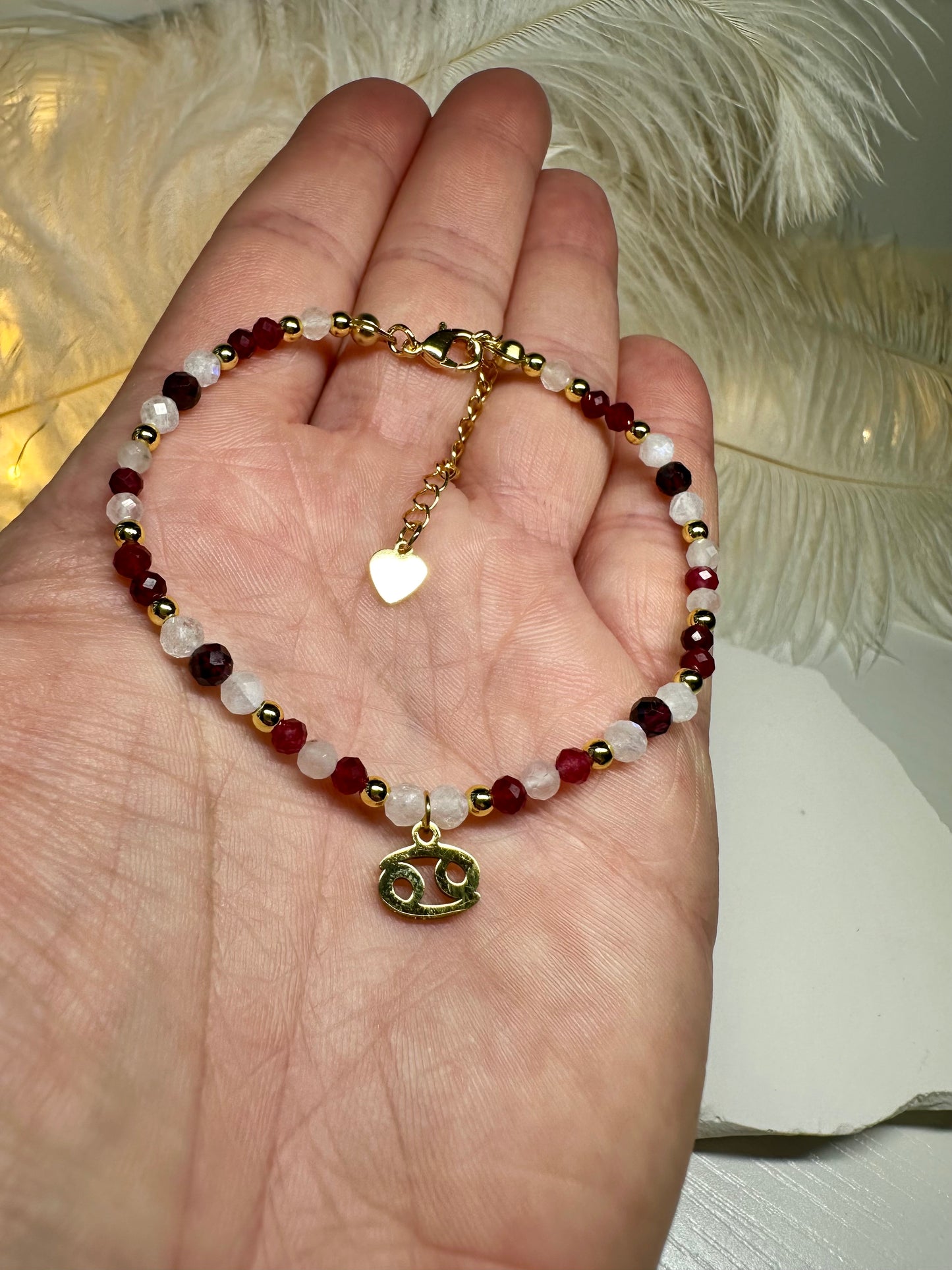 Handmade Cancer Zodiac Bracelet – Ruby, Rose Quartz & Moonstone Beaded Crystal Jewelry Astrology Birthday Gift