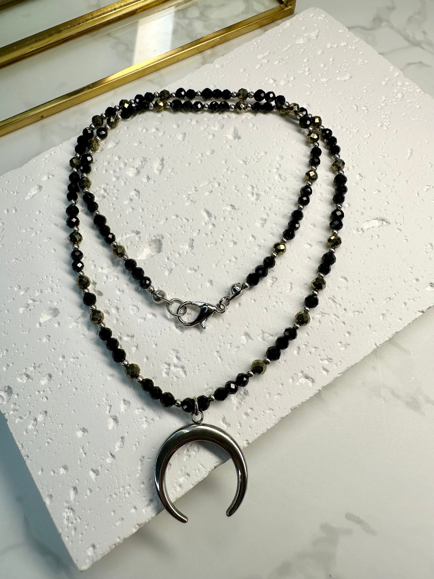 Black Tourmaline & Pyrite Dainty Necklace•Moon Pendant – Protection • Confidence • Grounding
