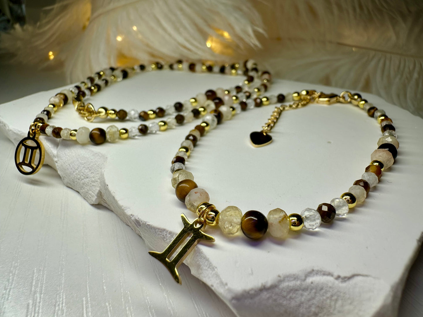 Gemini Zodiac Jewelry Set – Handmade Tiger Eye, Citrine & Clear Quartz Necklace and Bracelet Astrology Gift