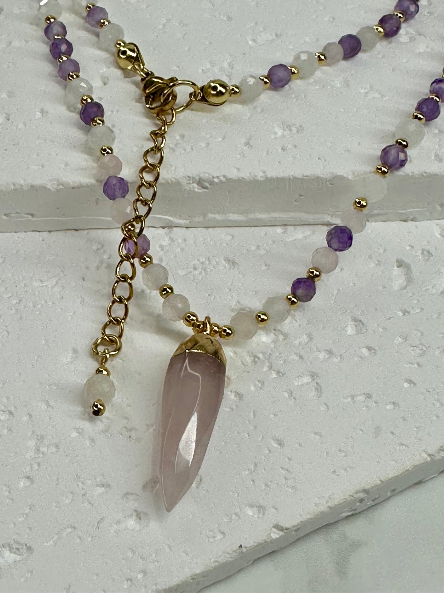 Moonstone, Amethyst & Rose Quartz Necklace, feminine energy