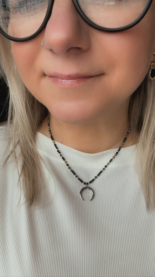 Black Tourmaline & Pyrite Dainty Necklace•Moon Pendant – Protection • Confidence • Grounding